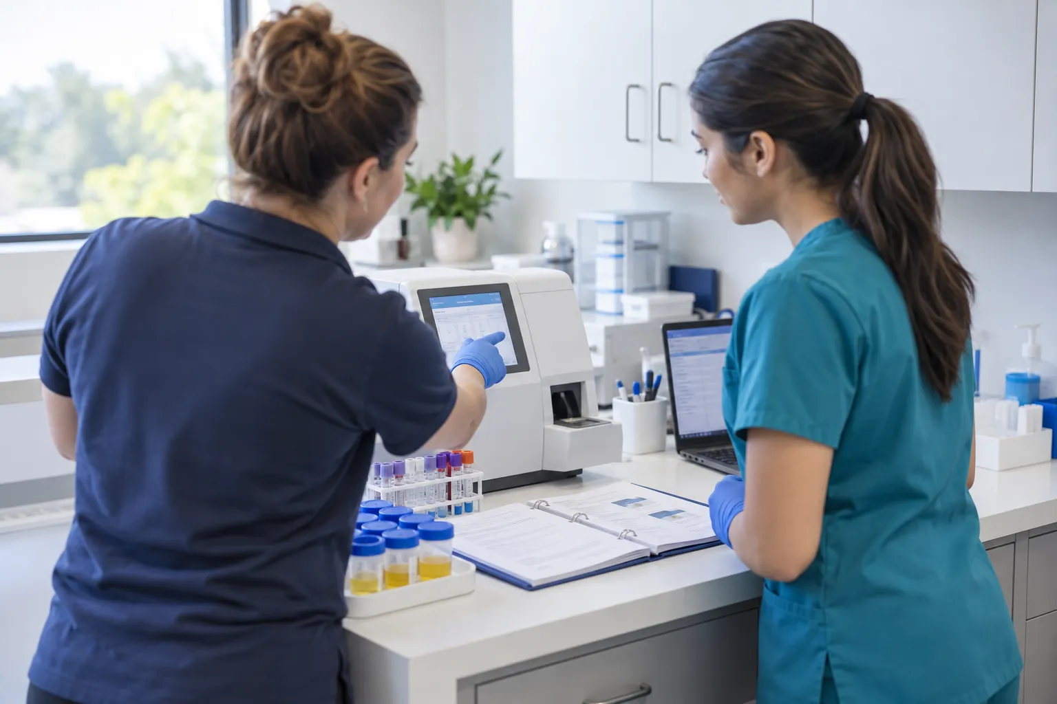 Two lab technicians in gloves reviewing results on a benchtop analyzer, with specimen tubes and an open binder on the counter.